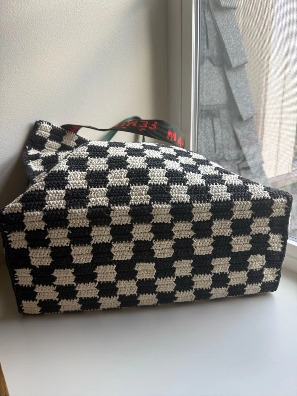 Clare V. Woven Checkerboard Tote with Red Logo Strap and Green Handles